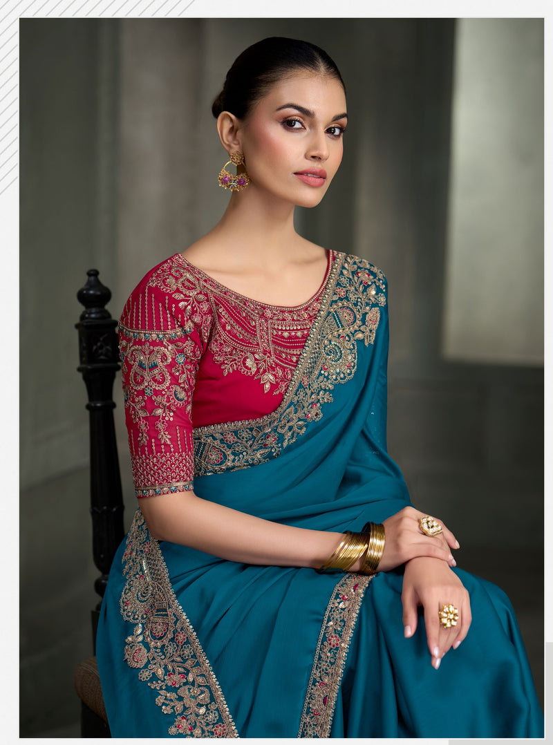 SW-1711 — RICH BLUE CRAPE SILK SAREE & GEORGETTE WORK BLOUSE