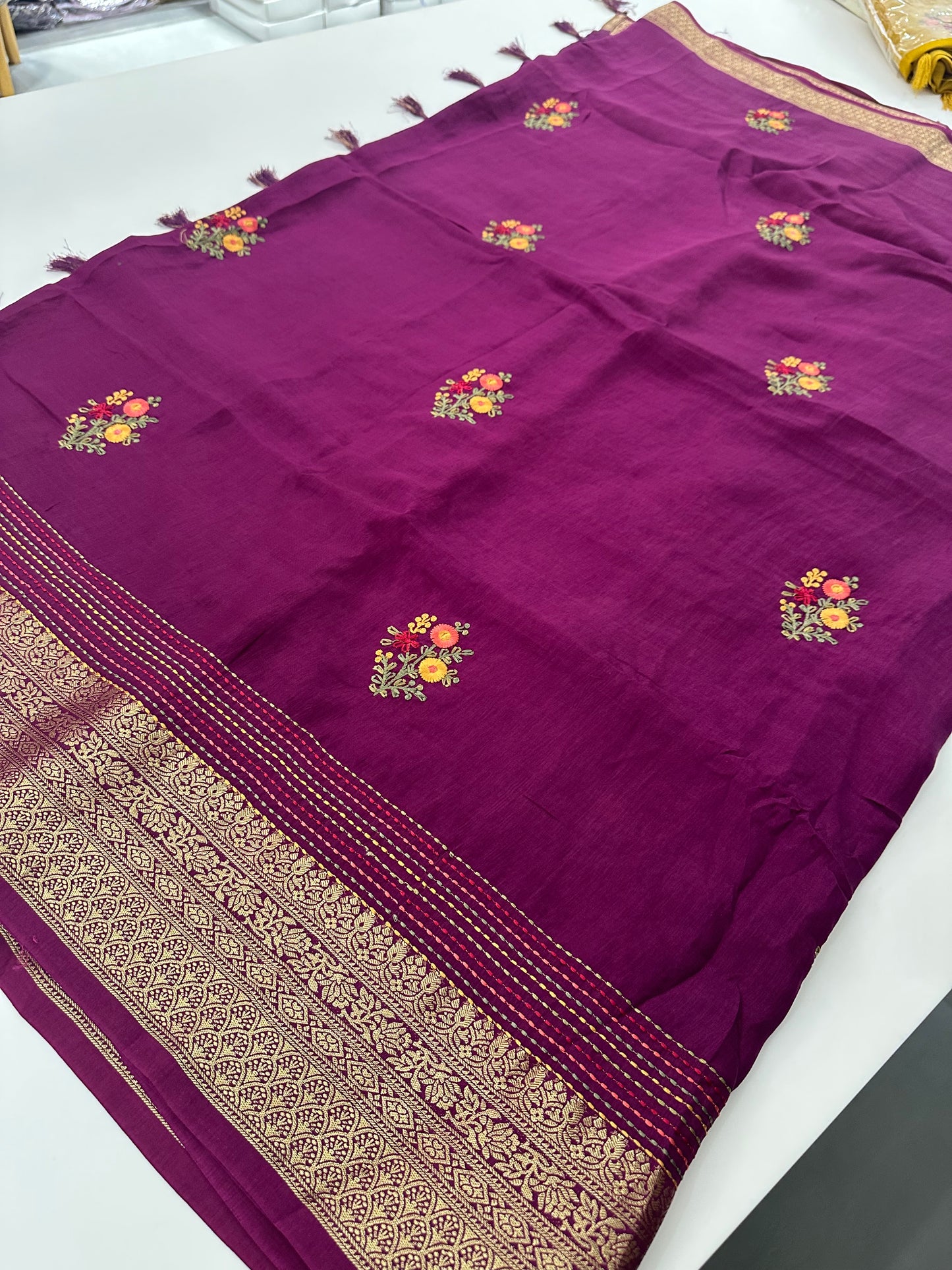 Pure Tussar Silk With Katha Work and Embroidery Buttas in Premium Finishing🦋 🌹-JU16