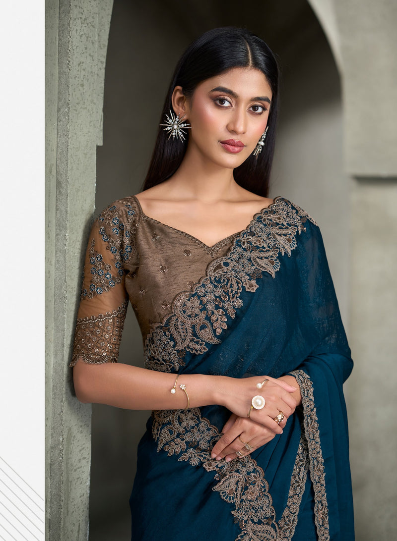 SW-1706 — TILL BLUE SPARKLE GEORGETTE SAREE & BANGLORE WORK BLOUSE