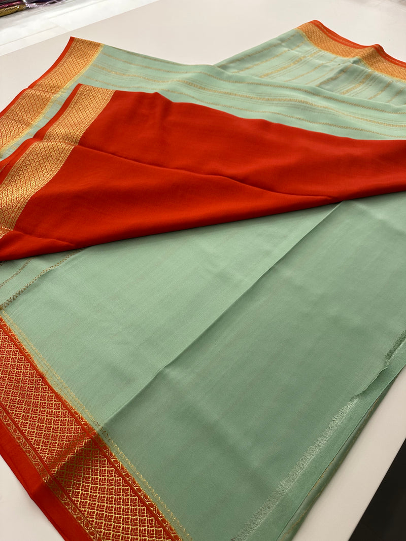 Pista Green x Orange Pure Mysore Crape Silk Saree - AU9