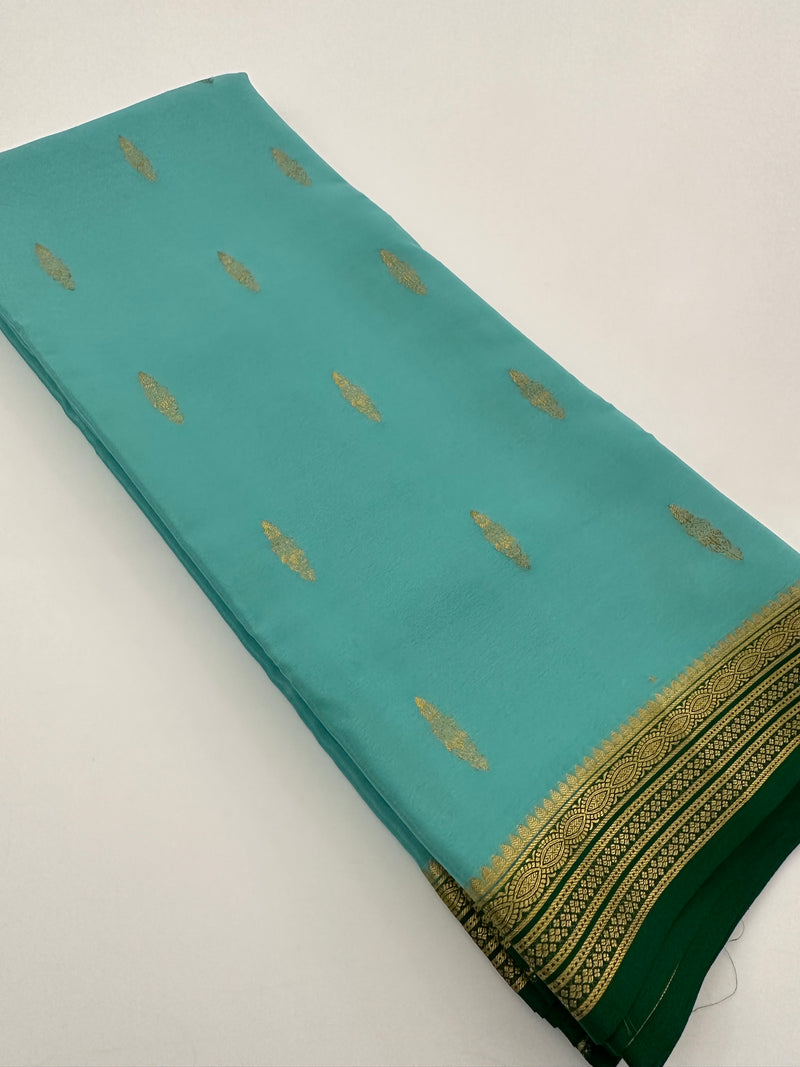 Turquoise x Bottle Green 120 GSM Mysore Crepe Silk Saree - AU8