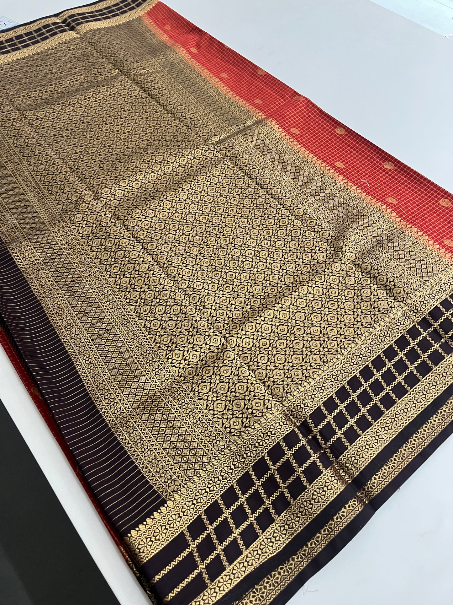 Rust orange with deep wine checks Banarasi Chinnon silk