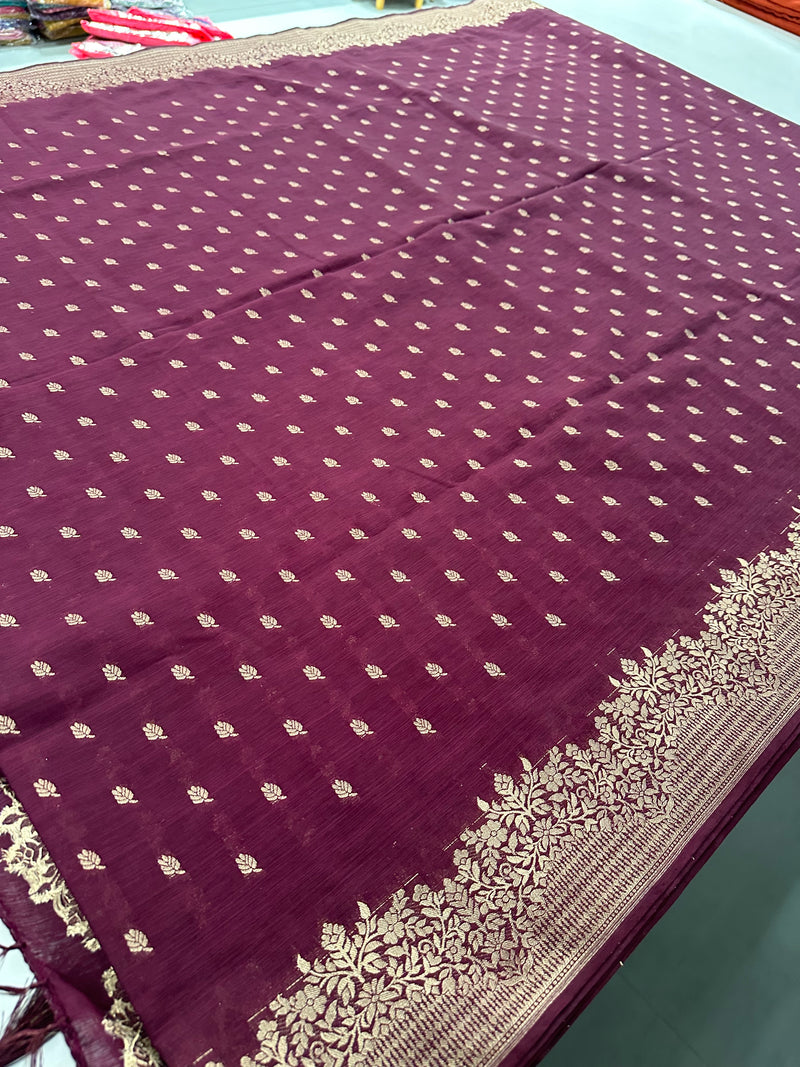 Venkatagiri fancy soft Linen Cotton sarees with self blouse and fancy Border and Butties all over 🌹-AU9