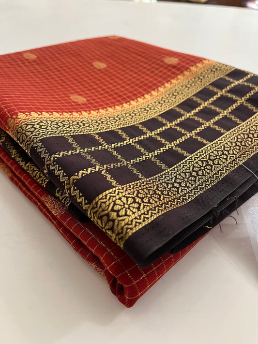 Rust orange with deep wine checks Banarasi Chinnon silk