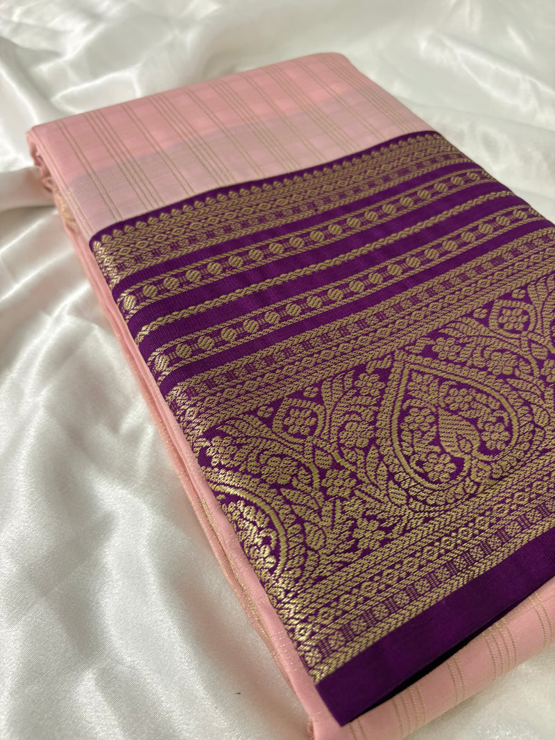 JU18 - Baby Pink X Purple Checks Semi Silk Saree