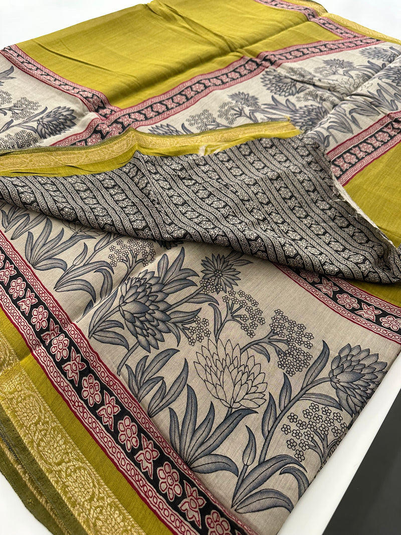 Soft Lightweight Printed Cotton Saree - Yellow & Cream Floral Pattern - AU27