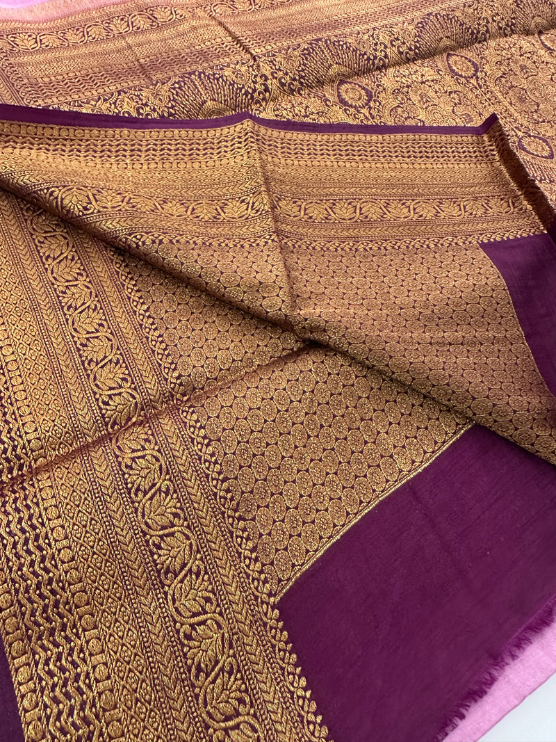 Baby Pink x Purple Tussar Cotton Saree with Double Leaf Butta All Over JU24