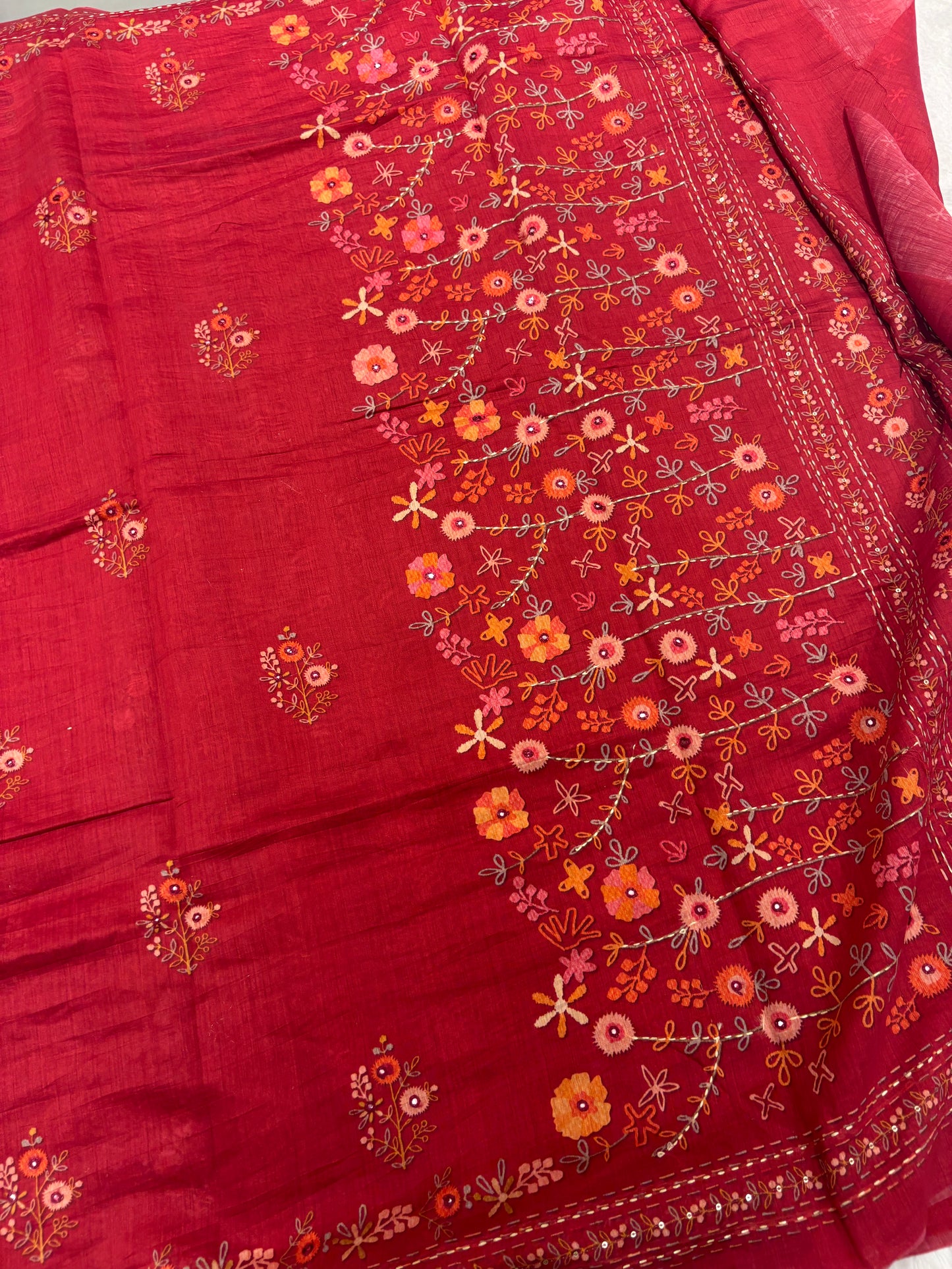 Rust Floral Embroidery Mul Cotton Saree-M101
