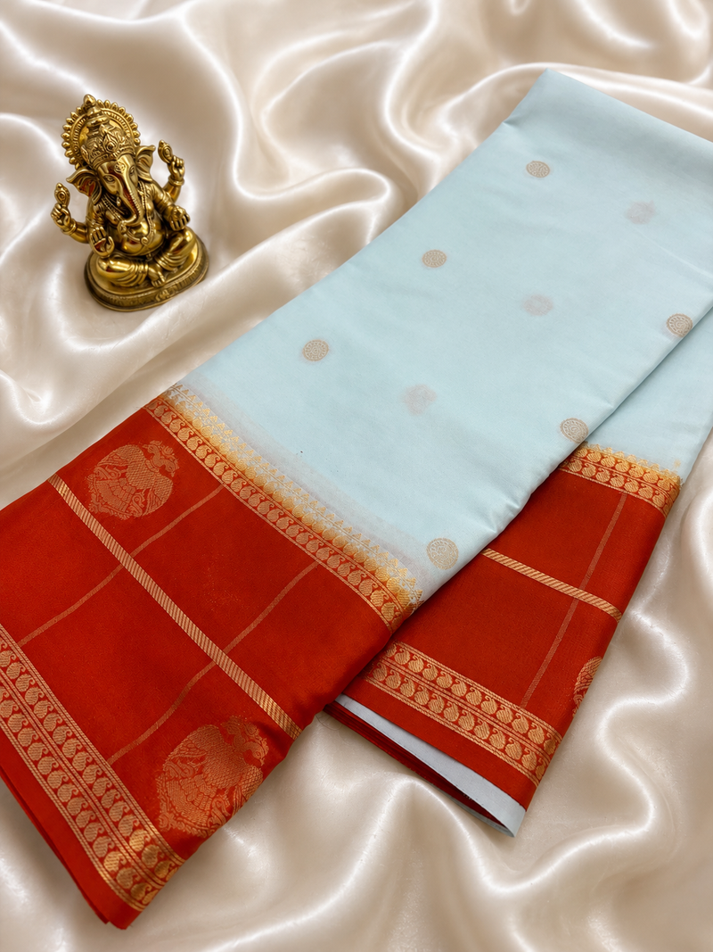 Light Blue X Orange Premium Semi Mysore Crape Silk Saree- JU16