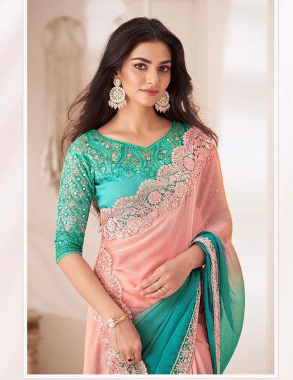 Turquoise  & Baby Pink Chiffon Georgette Designer Party Wear Saree-TFH SW 1311