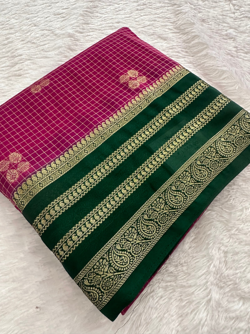 Semi Crepe Checks Saree - Magenta x Green AU25