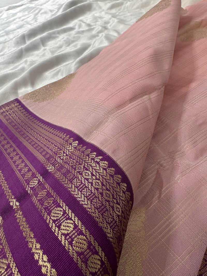 JU18 - Baby Pink X Purple Checks Semi Silk Saree