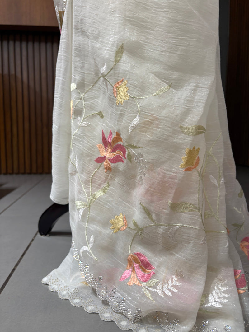 Creamy White Chiffon Designer Saree with Floral Embroidery and Stone Work Blouse JU24