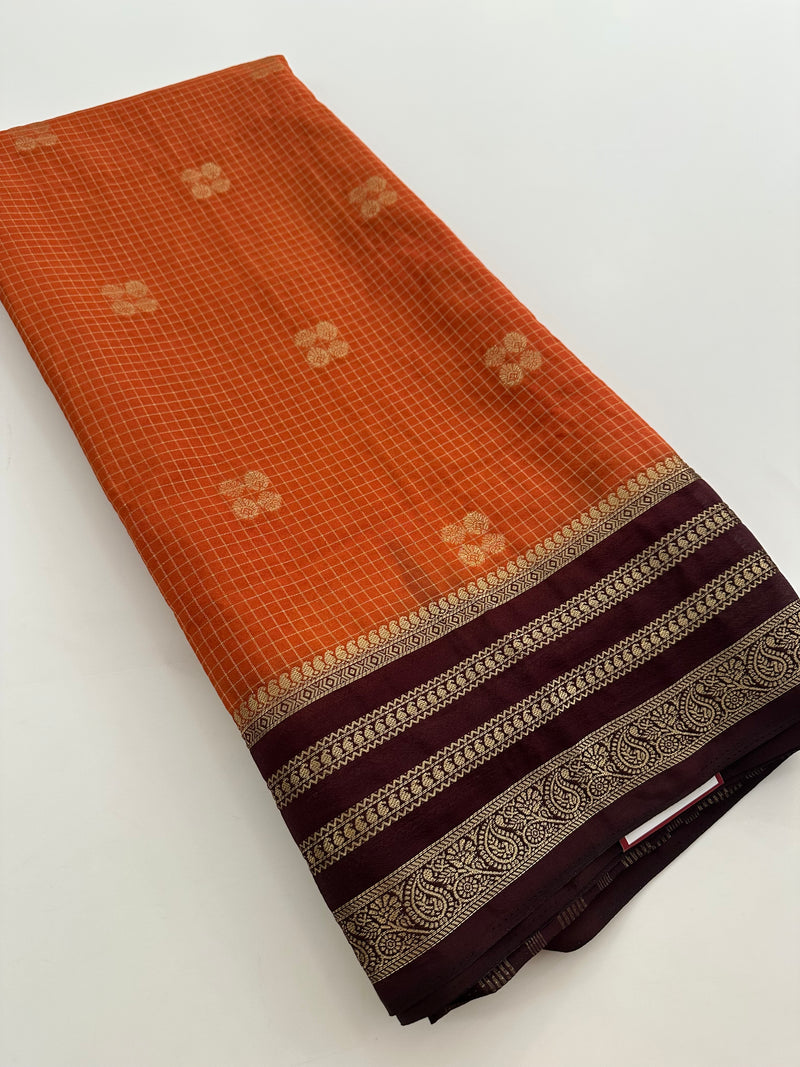 Semi Mysore Silk Checks Saree with Butta-AU16