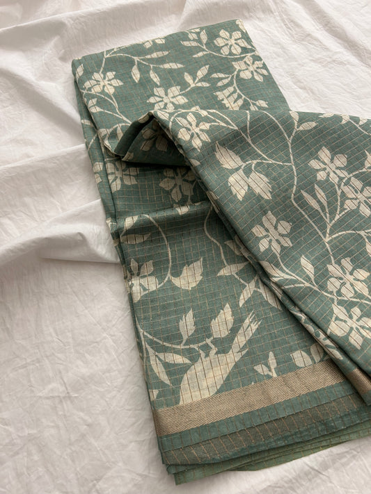 Pastel green chiffon viscose checks saree-Jan3