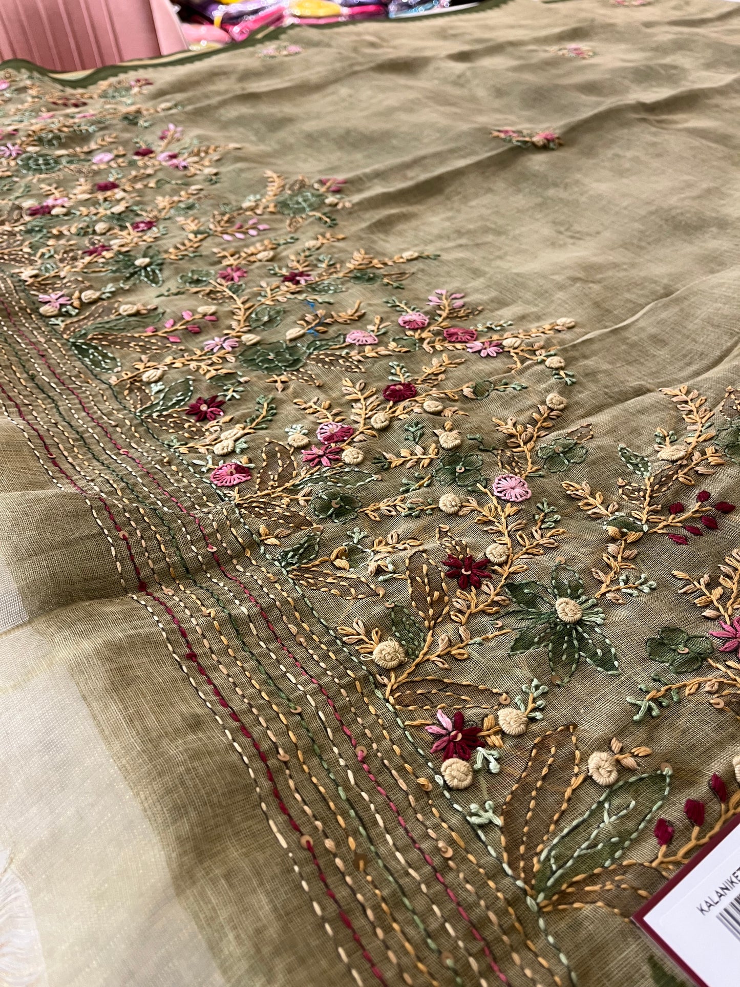 Designer linen  saree full embroidery