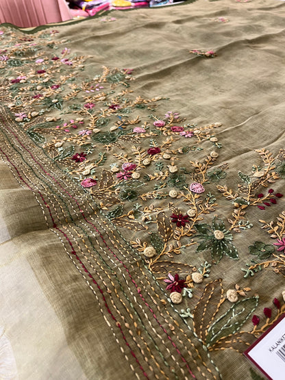 Designer linen  saree full embroidery