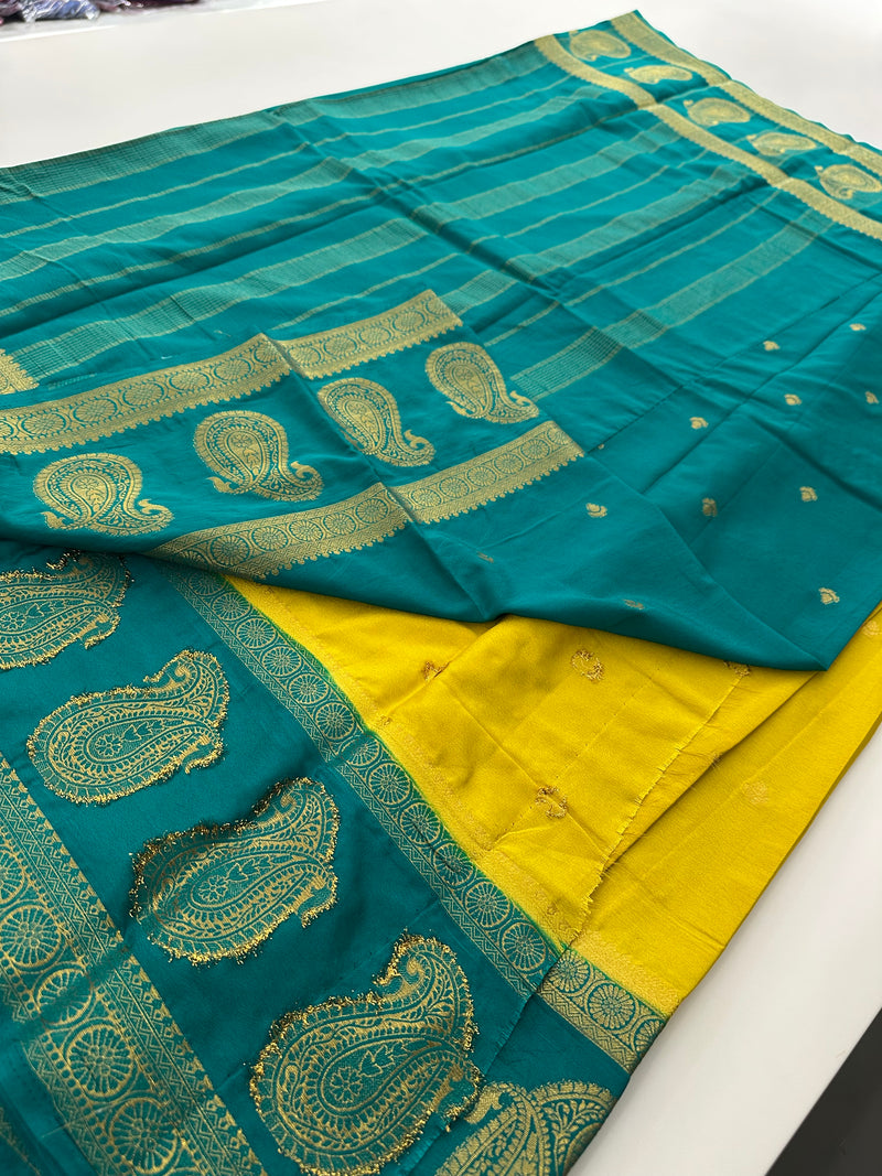 Vintage Semi Crepe Silk Saree with contrast butti blouse and mango border-Au15