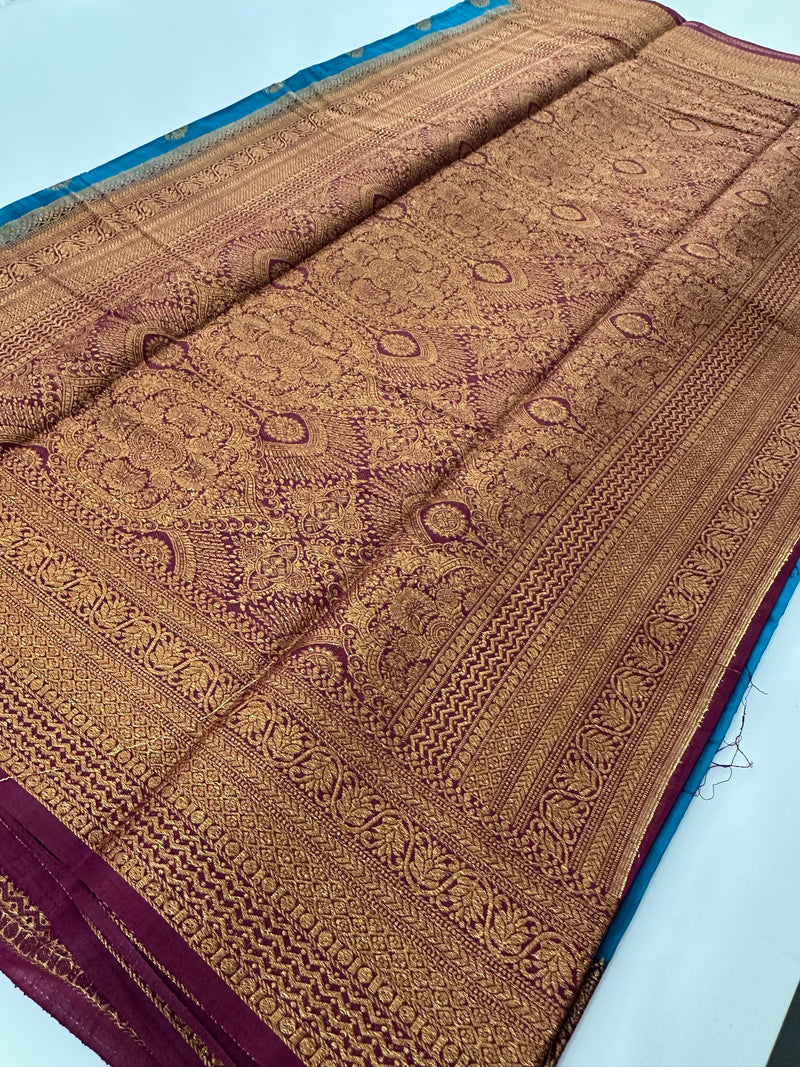 Blue x Purple Tussar Cotton Saree with Double Leaf Butta All Over JU24