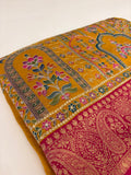 JU17 - Mustard Yellow Pashmina Designer Saree with Aari Work & Pink Zari Border