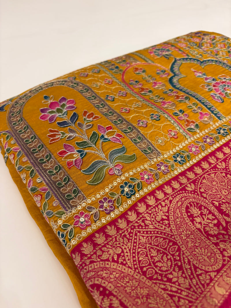 JU17 - Mustard Yellow Pashmina Designer Saree with Aari Work & Pink Zari Border