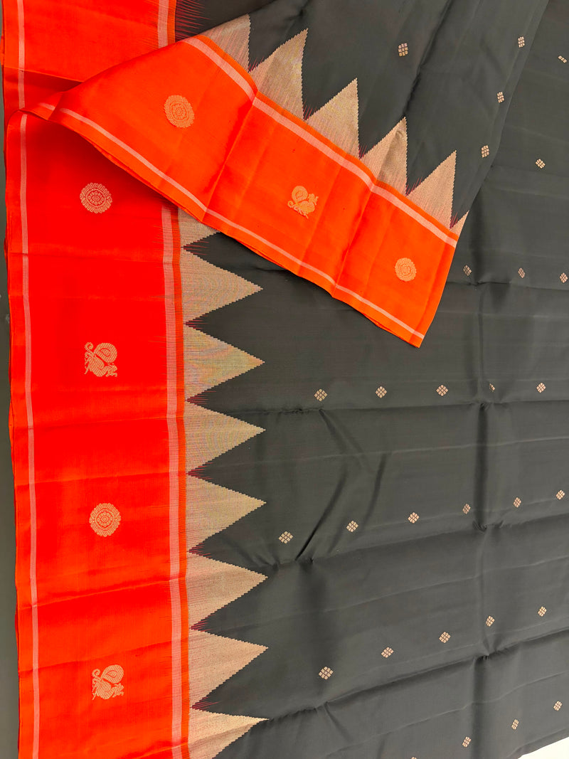 Pure Kanjeevaram Silk Saree Black X Orange