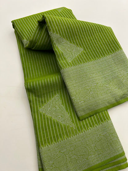 Pastel green silver linen cotton saree-DC712