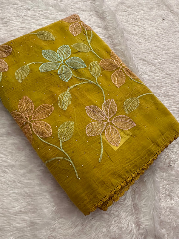 Yellow Floral Organza Embroidery Saree - AU14