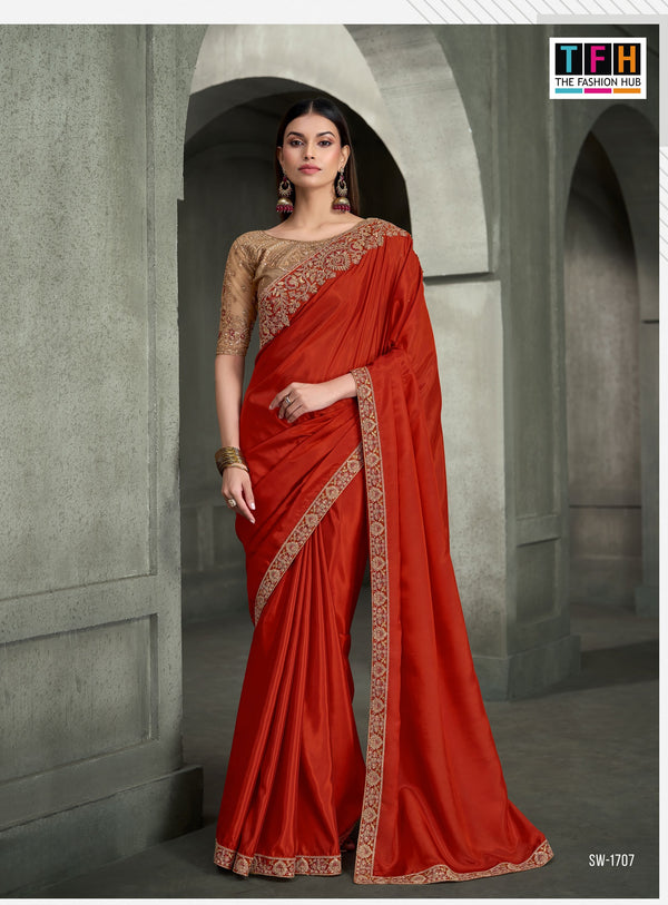 SW-1707 — BURNT ORANGE CRAPE SILK SAREE & BANGLORE WORK BLOUSE