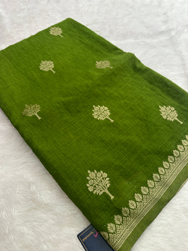 Olive Green Linen Heritage Designer Saree with Butta - AU18