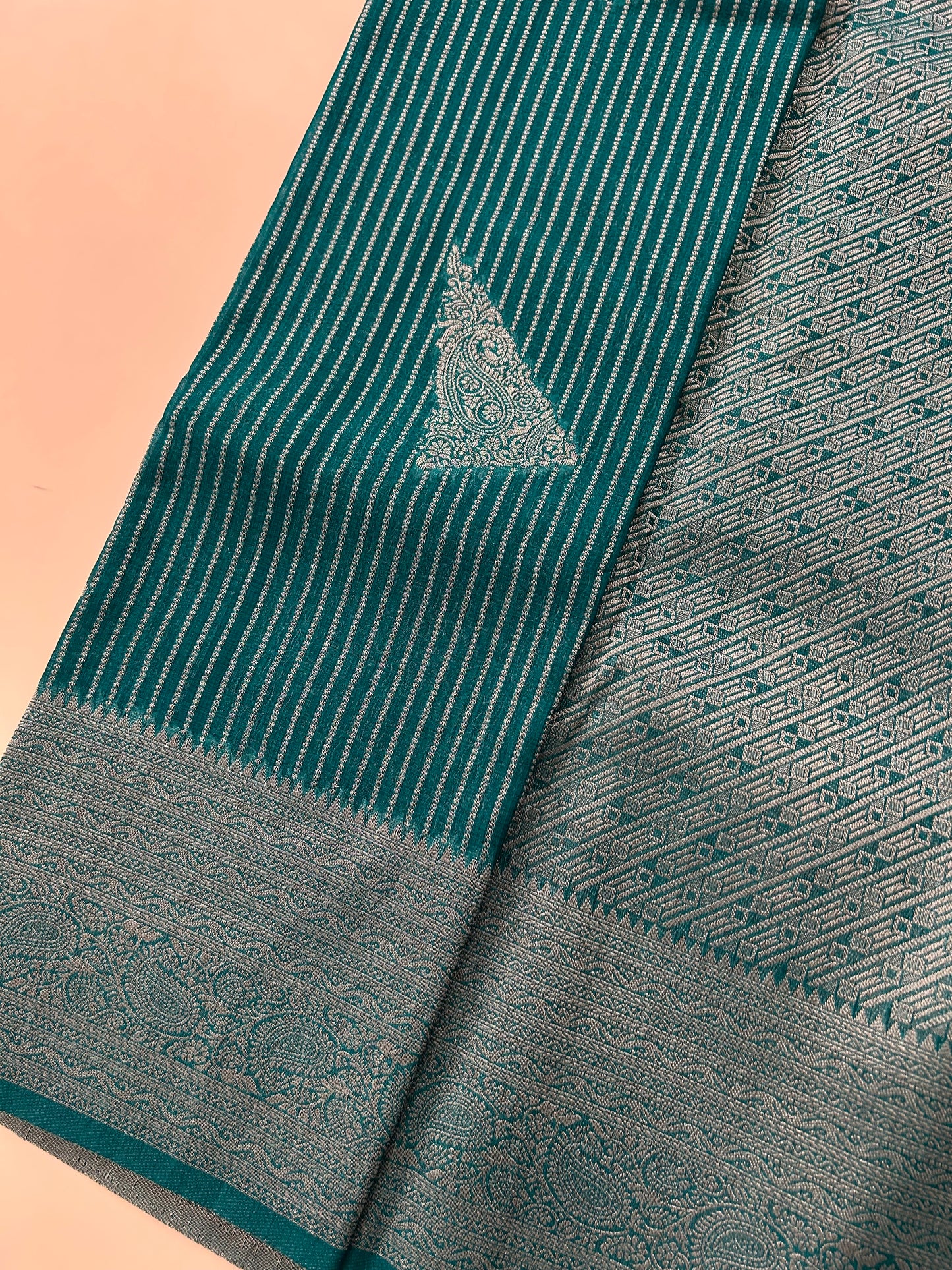 Peacock blue silver linen cotton saree-DC712