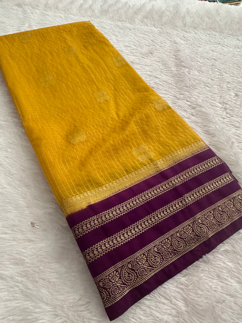 Semi Crepe Checks Saree - Yellow x Purple AU25