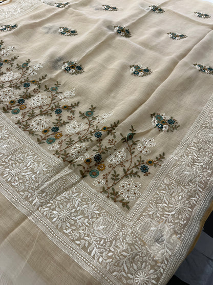 Linen embroidery fancy saree