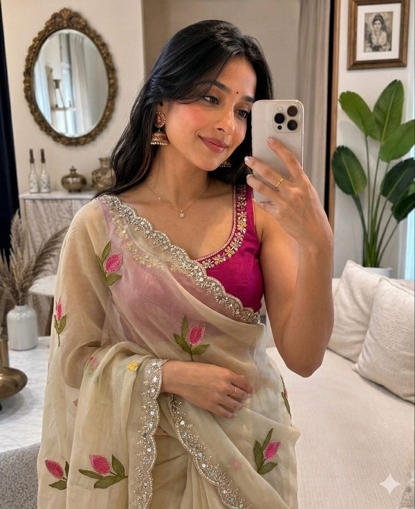 Soft Rangoli silk saree with embroidery work all over saree and beautiful  flower  design and real  mirror work with cut work border    Blouse - beautiful contract rangoli silk blouse with embroidery work