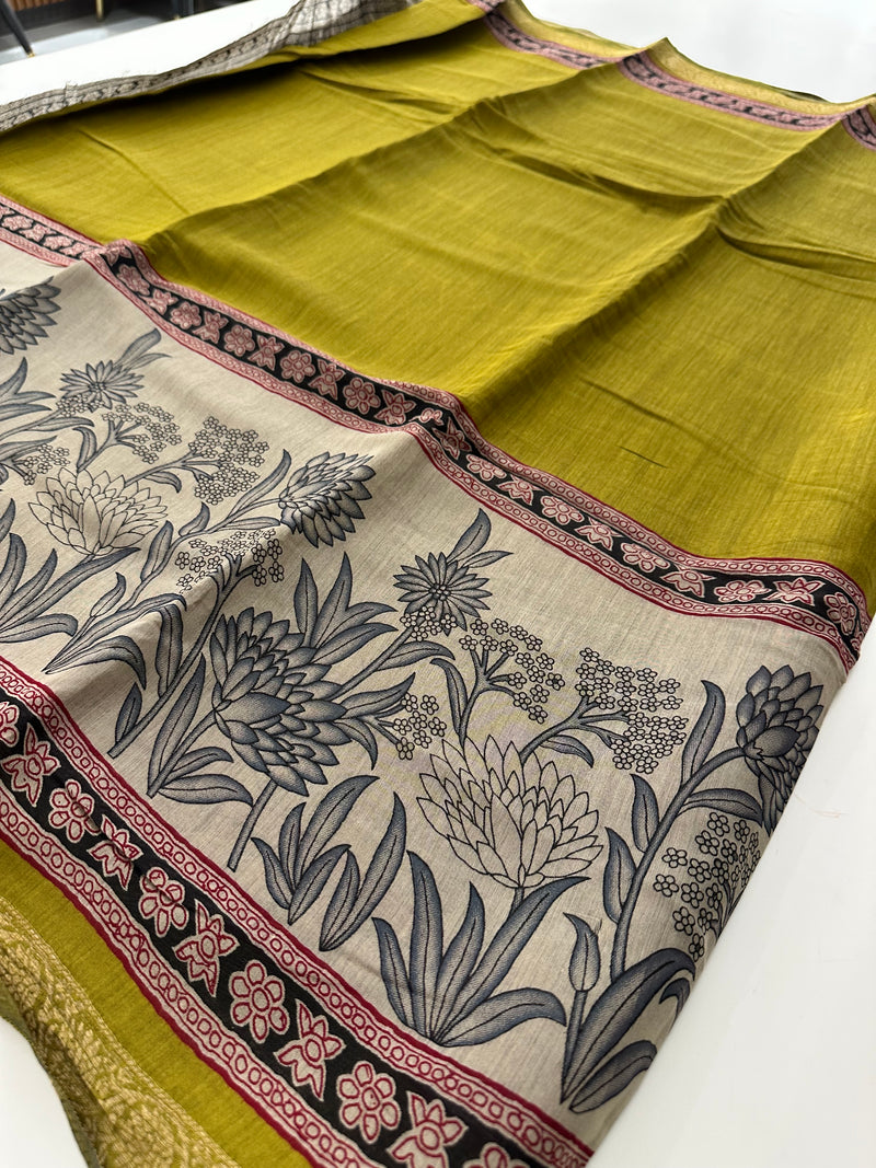 Soft Lightweight Printed Cotton Saree - Yellow & Cream Floral Pattern - AU27
