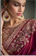 SW-1715 — WINE TISSUE SARTIN SILK SAREE & TUSSAR SILK WORK BLOUSE