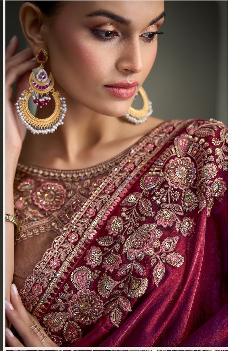 SW-1715 — WINE TISSUE SARTIN SILK SAREE & TUSSAR SILK WORK BLOUSE