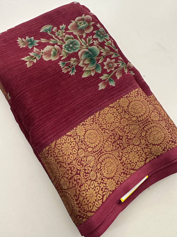 Crush Crape Chiffon Printed Sarees With self Butti Printed Blouse Piece🌹- J29