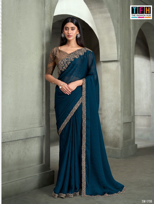 SW-1706 — TILL BLUE SPARKLE GEORGETTE SAREE & BANGLORE WORK BLOUSE