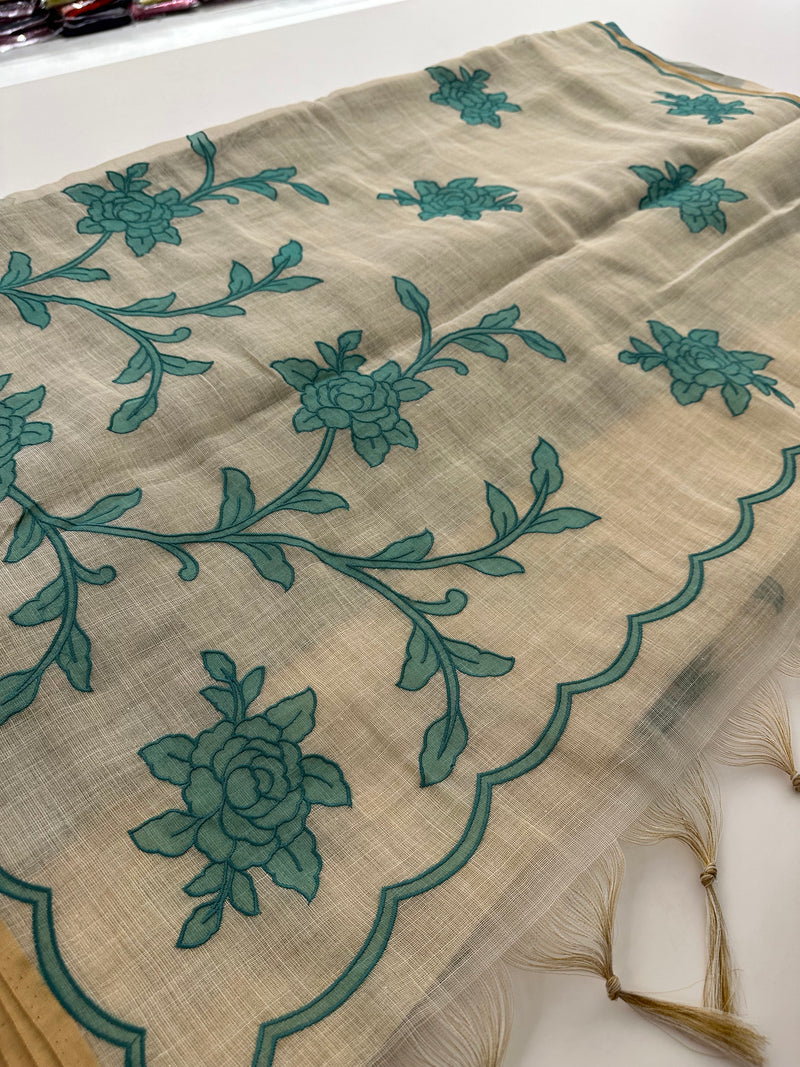Appliqué work linen sarees🌹 -AU5