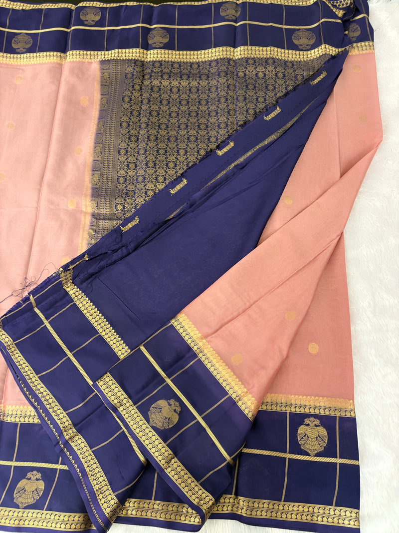 Semi Crepe Silk Saree - Light Pink x Navy Blue (J29)