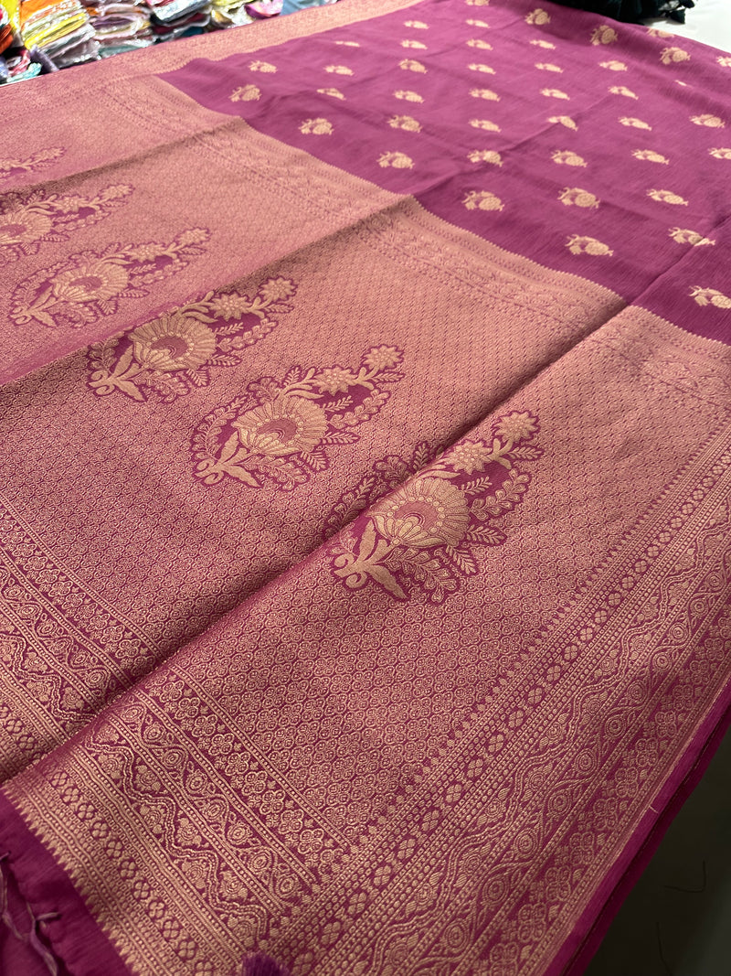 Venkatagiri fancy soft Linen Cotton sarees with self blouse and fancy Border and Butties all over🌹 - AU12