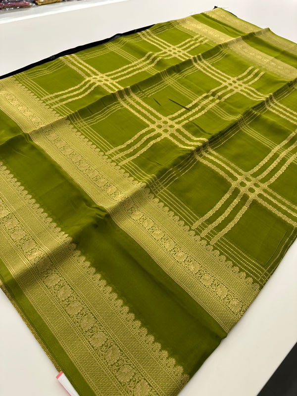 Olive Premium Striped Semi Mysore Silk Saree with Contrast Blouse - AU9