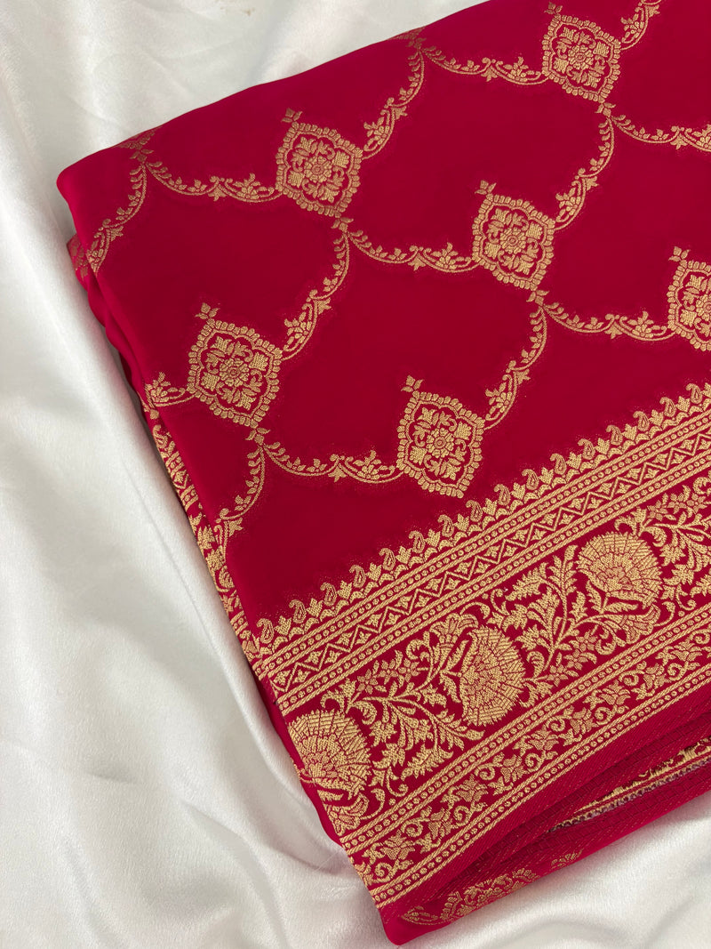 Rani Pink Satin Kora Banaras Saree with Rich Gold Zari Jaal All Over JU23