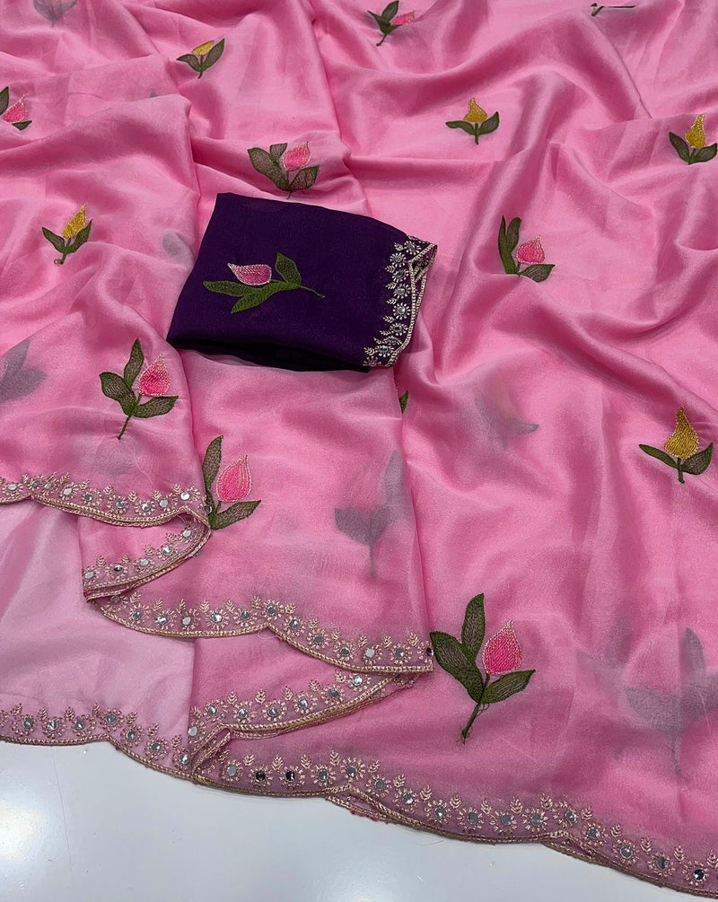 Soft Rangoli silk saree with embroidery work all over saree and beautiful  flower  design and real  mirror work with cut work border    Blouse - beautiful contract rangoli silk blouse with embroidery work