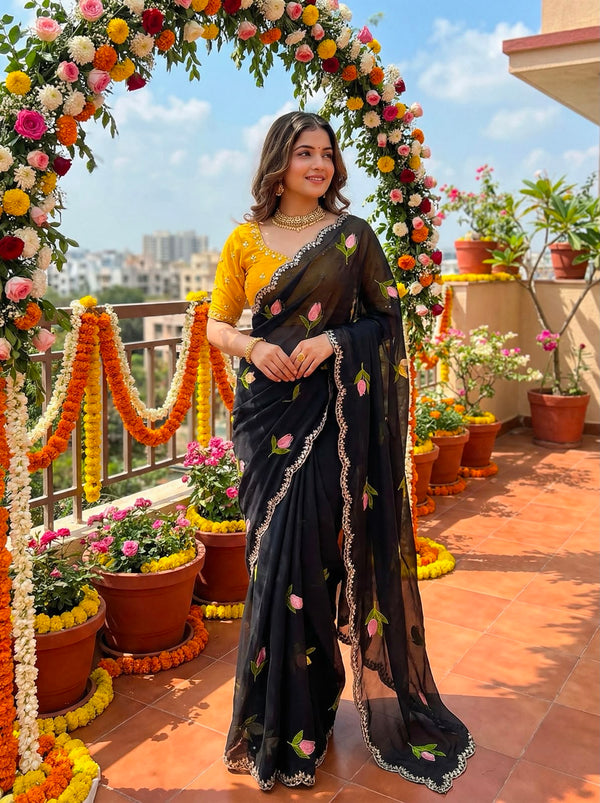 Soft Rangoli silk saree with embroidery work all over saree and beautiful  flower  design and real  mirror work with cut work border    Blouse - beautiful contract rangoli silk blouse with embroidery work