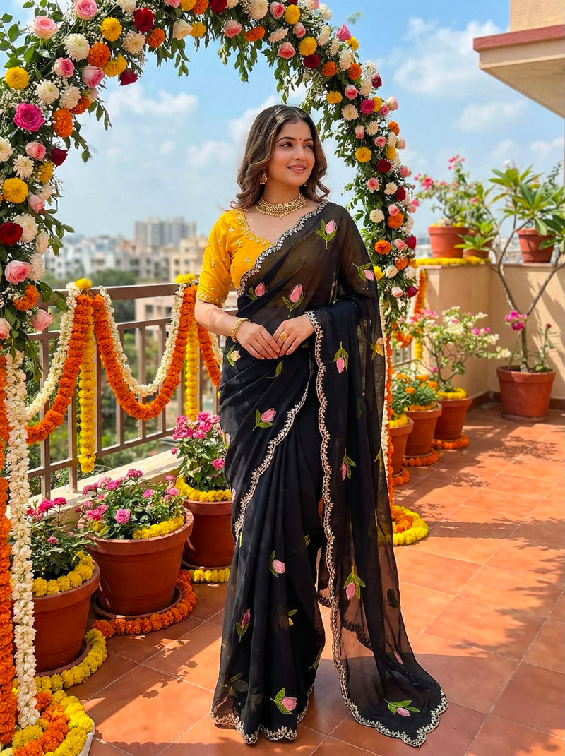 Soft Rangoli silk saree with embroidery work all over saree and beautiful  flower  design and real  mirror work with cut work border    Blouse - beautiful contract rangoli silk blouse with embroidery work