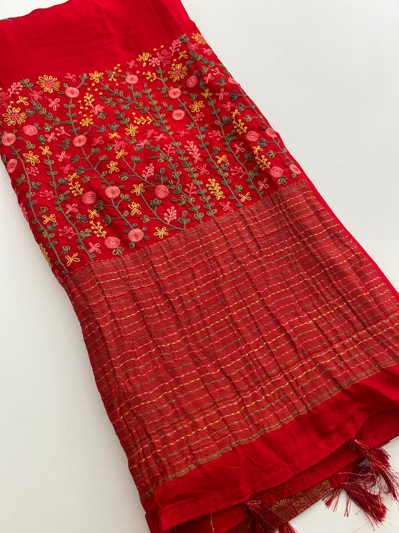 Katha And Jari Border Embroidery Sarees,, Fabric-Crepe Tussar,, Katha Style Blouse Piece🌹-JU30
