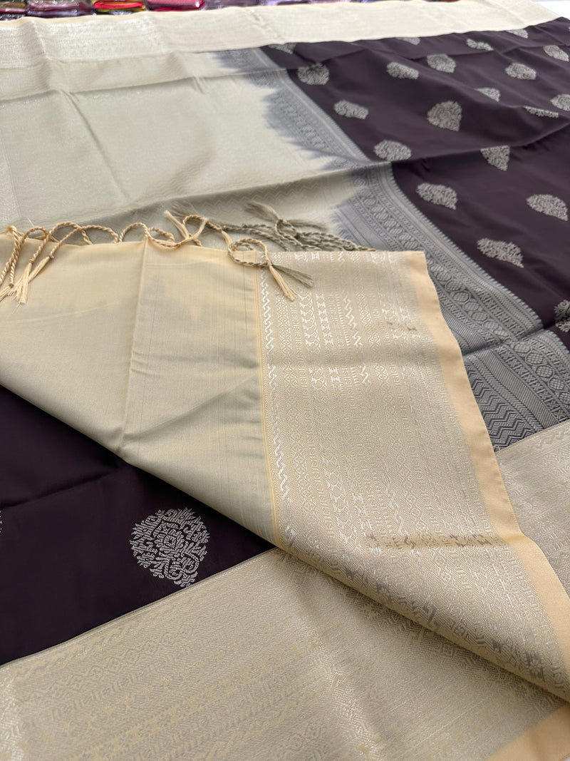 🌹4 shades of semi kanchi soft silk sarees in beautiful combinations in contrast blouse🌹