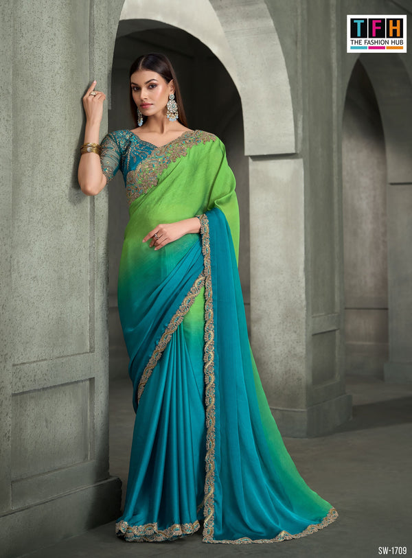 SW-1709 — MAJESTIC SHADED SARTIN CHIFFON SAREE & BANGLORE WORK BLOUSE
